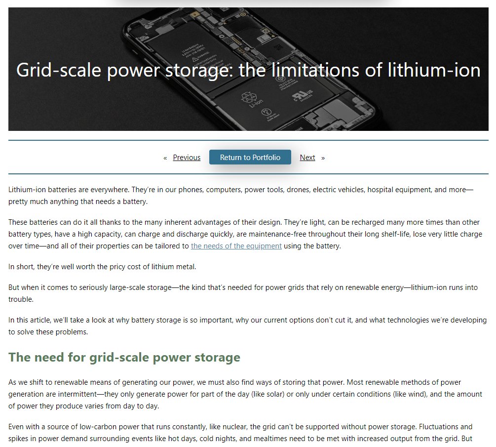 Article on grid-scale power storage, lithium-ion batteries, and flow battery and iron-air battery alternatives.
