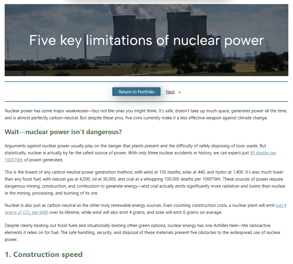Article on nuclear power and its current limits and risks.