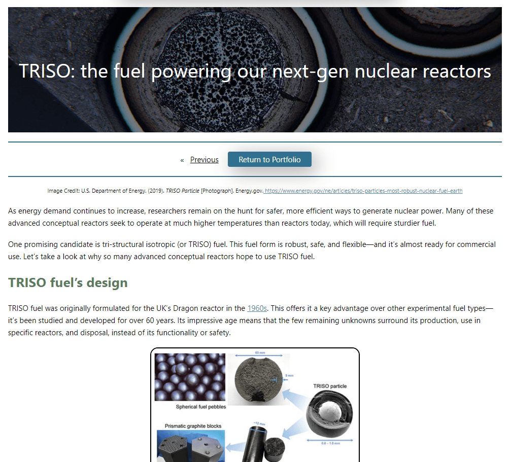 Article on TRISO nuclear fuel for next-gen nuclear reactors.